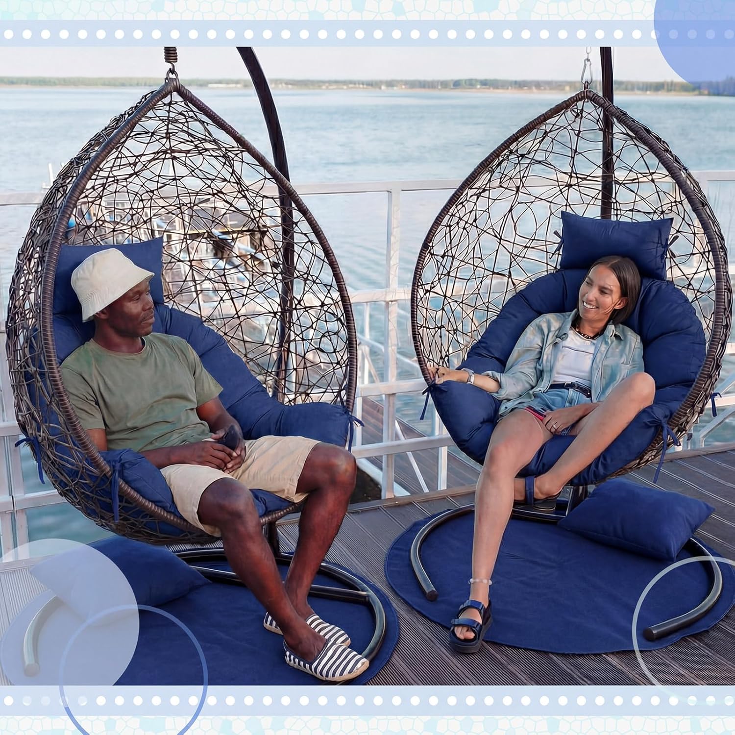 Tudomro Waterproof Egg Chair Cushion with Pillow Filling 2.58 kg Replacement Rocking Wicker Chair Cushion 48" x 32" High Back Hanging Swing Hammock Pad Thicken for Outdoor Patio Garden(Navy Blue)