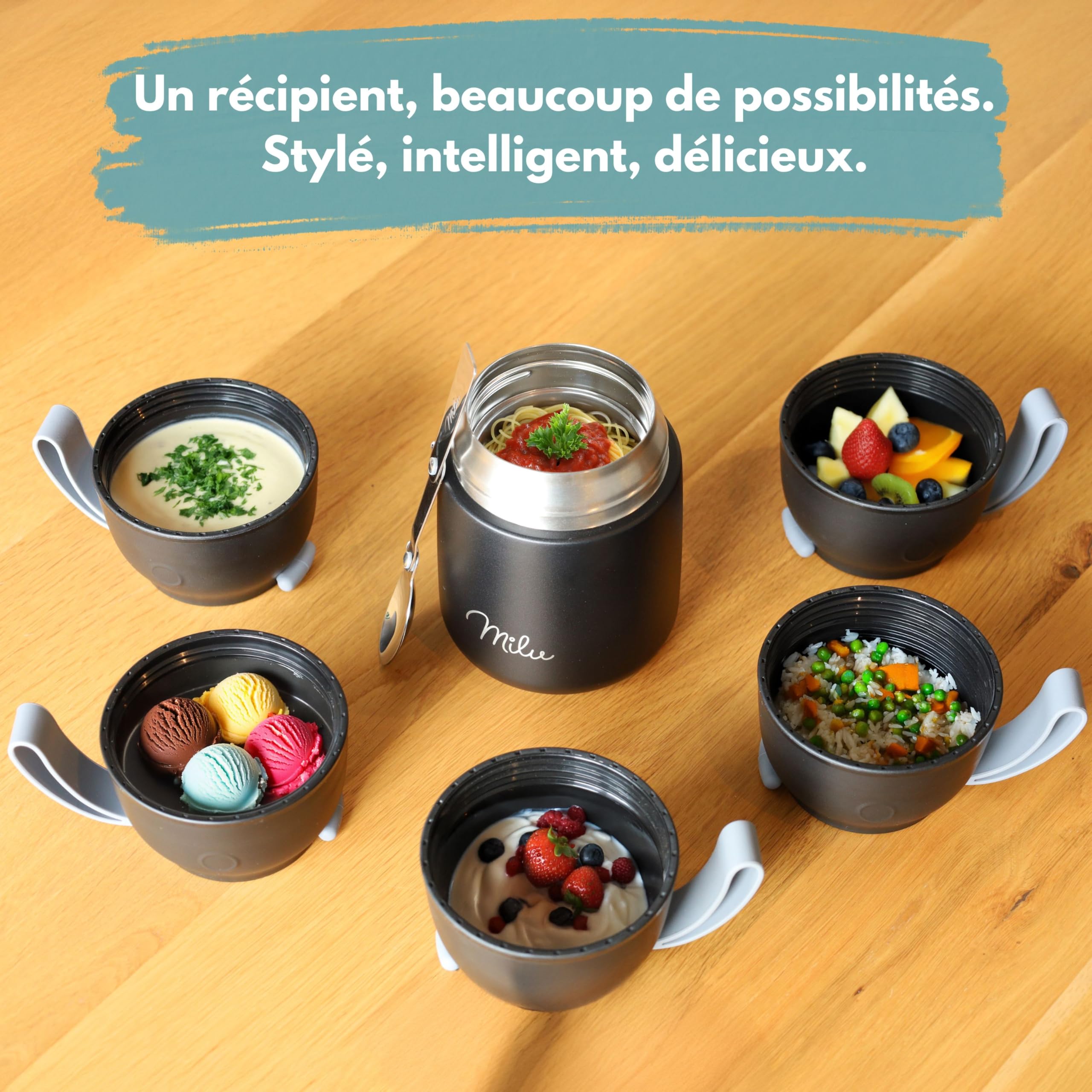 Milu Boîtes Alimentaires Isothermes 650 ml Boîte Isotherme Repas Chaud Porte-Aliments en Acier Inoxydable à Double Couche, Cuillère Pliante pour Ecole, Bureau (650ml/Vert Bleu)