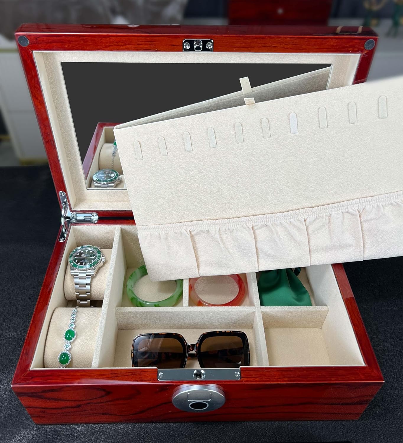 Wooden Jewelry Box with Fingerprint Lock, Jewelry Storage Box&Organizer for Women, with Necklace Hanger and Mirror inside, Mother's Day Gifts (1L-RS)