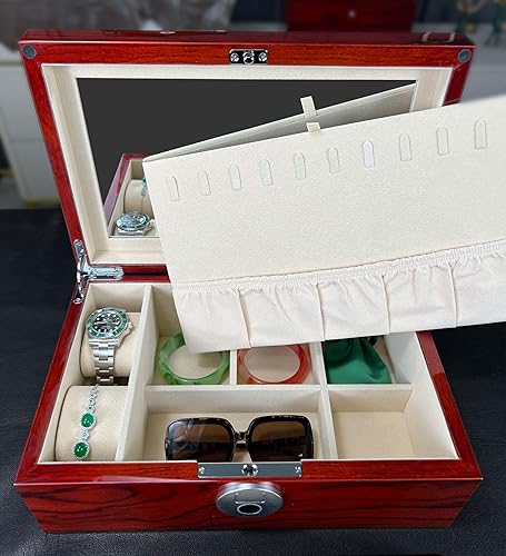 Miniatura 8 de Joyero de madera con cerradura de huellas dactilares, caja de almacenamiento y organizador para mujeres, con colgador de collar y espejo