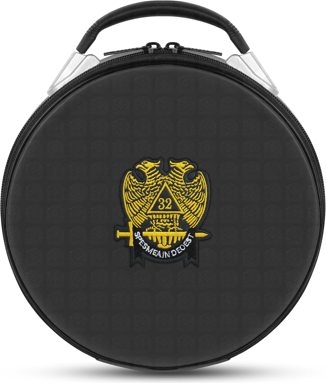 Masonic 32 Degree Black Crown Cap Storage Case, Faux Leather Round Case with Machine Embroidered Top Emblem