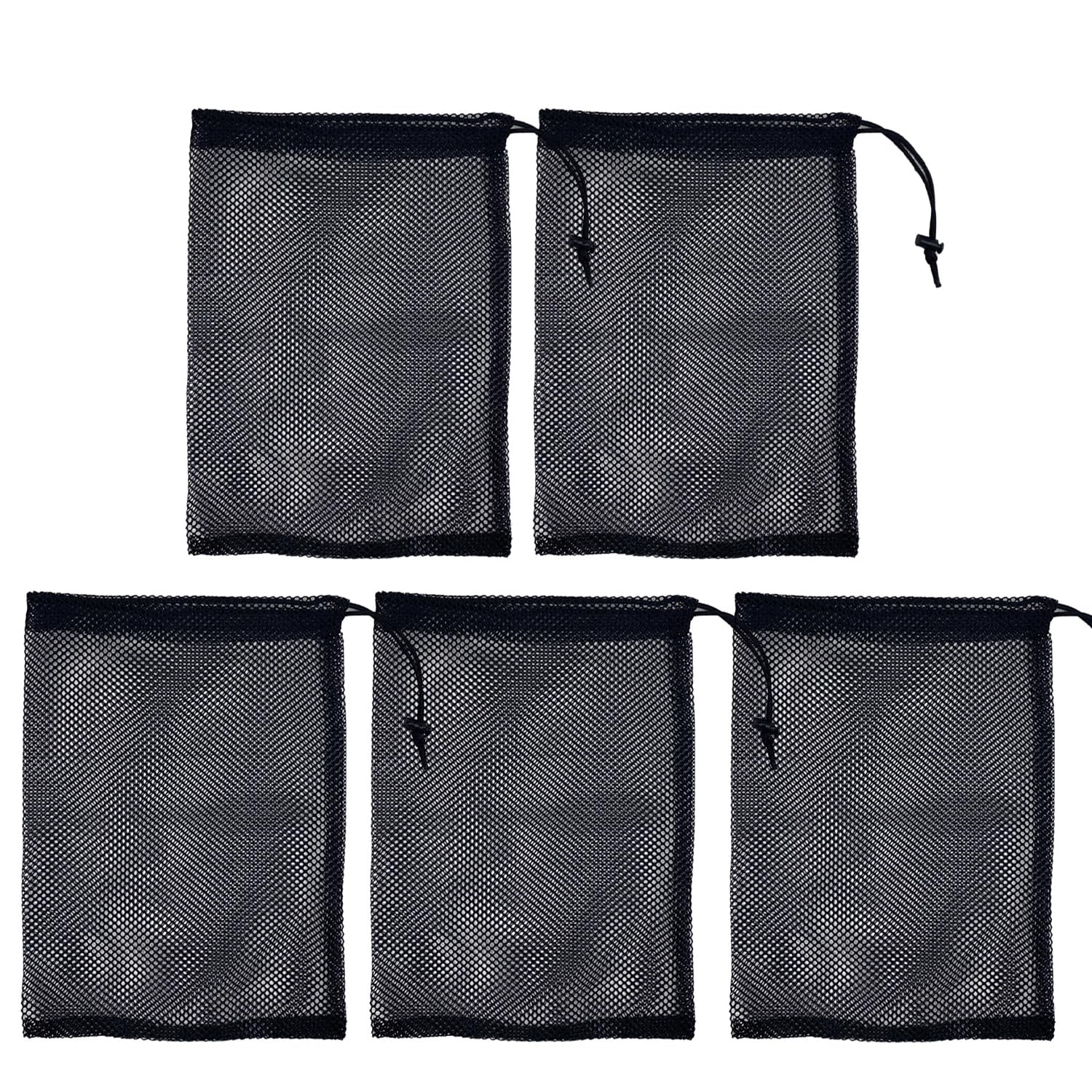 Verazquy 5Pcs Mesh Drawstring Bags - Extra Black Nylon Net Tote for Wet Swimming Beach Gear, Pool Toys, Sports Equipment Storage - Breathable Quick-Dry Organiser Bag with Cord Lock.