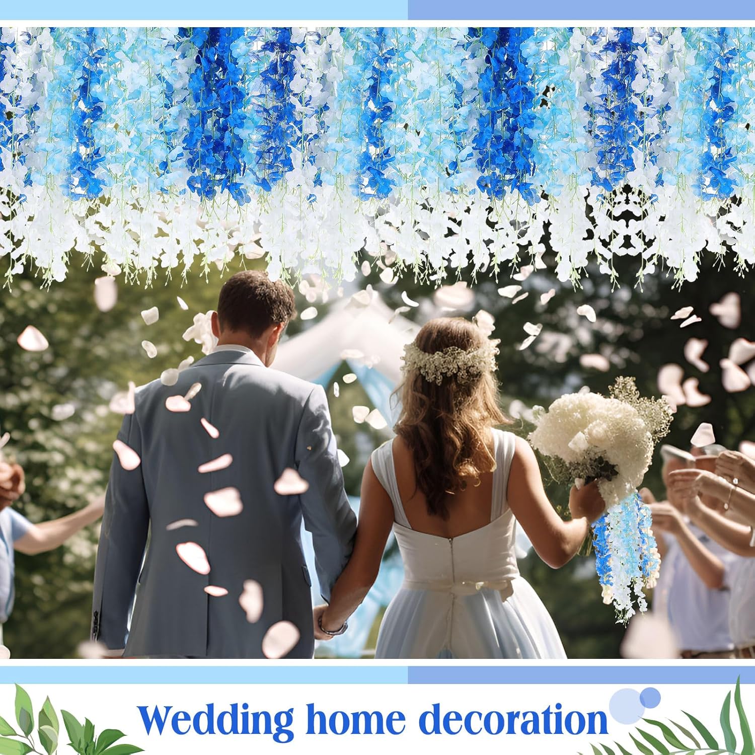 Thiccywoov 24 Pcs Wisteria Hanging Flowers 3.6 Feet Artificial Fake Wisteria Flower Vine Garland Ratta for Backdrop Wedding Decor Home Party(Blue, White)