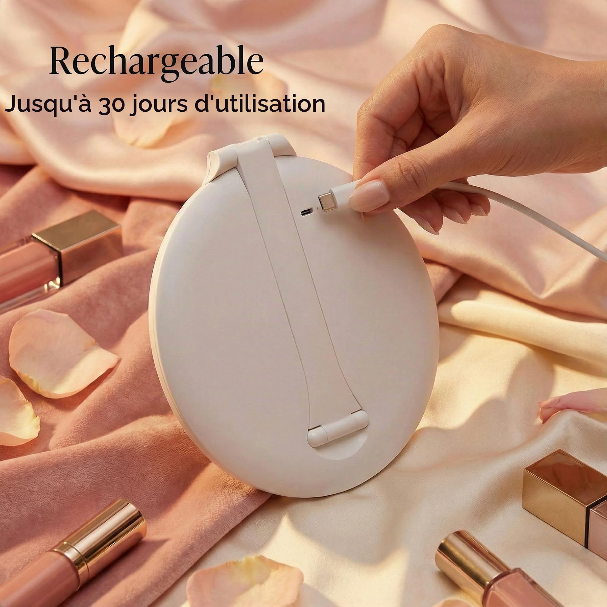 Fancii Miroir de Maquillage Lumineux de Voyage Rechargeable - Support Pliable 20cm, Éclairage 3 Couleurs, Portable, Cosmétique LED, Abigail (Blanc)