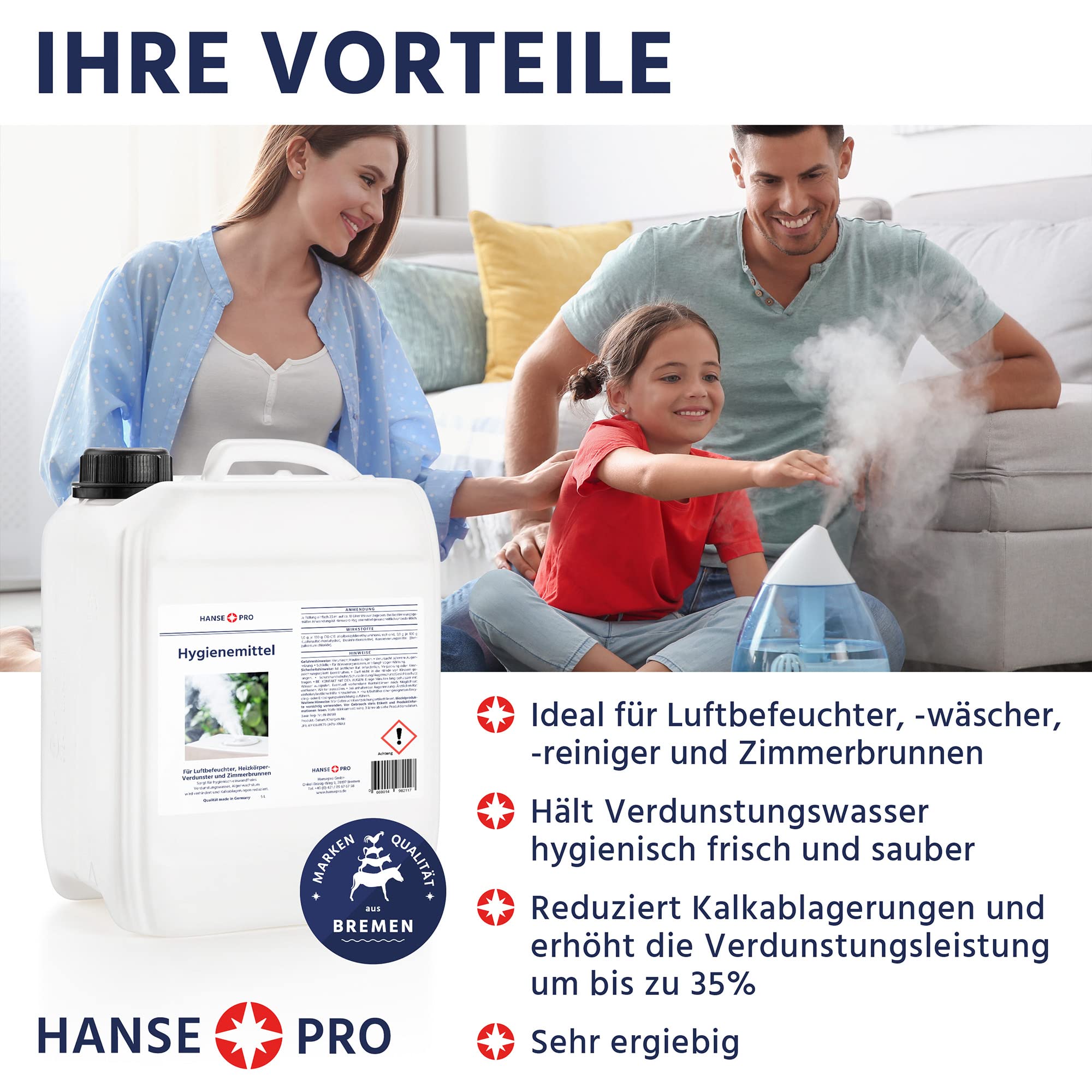 HANSE PRO Hygienemittel, 1 x 5 Liter I Konservierungs-Mittel für Luftbefeuchter, Luftreiniger, Luftwäscher, Heizkörper-Verdunster, Zimmerbrunnen I hält Verdunstwasser hygienisch einwandfrei