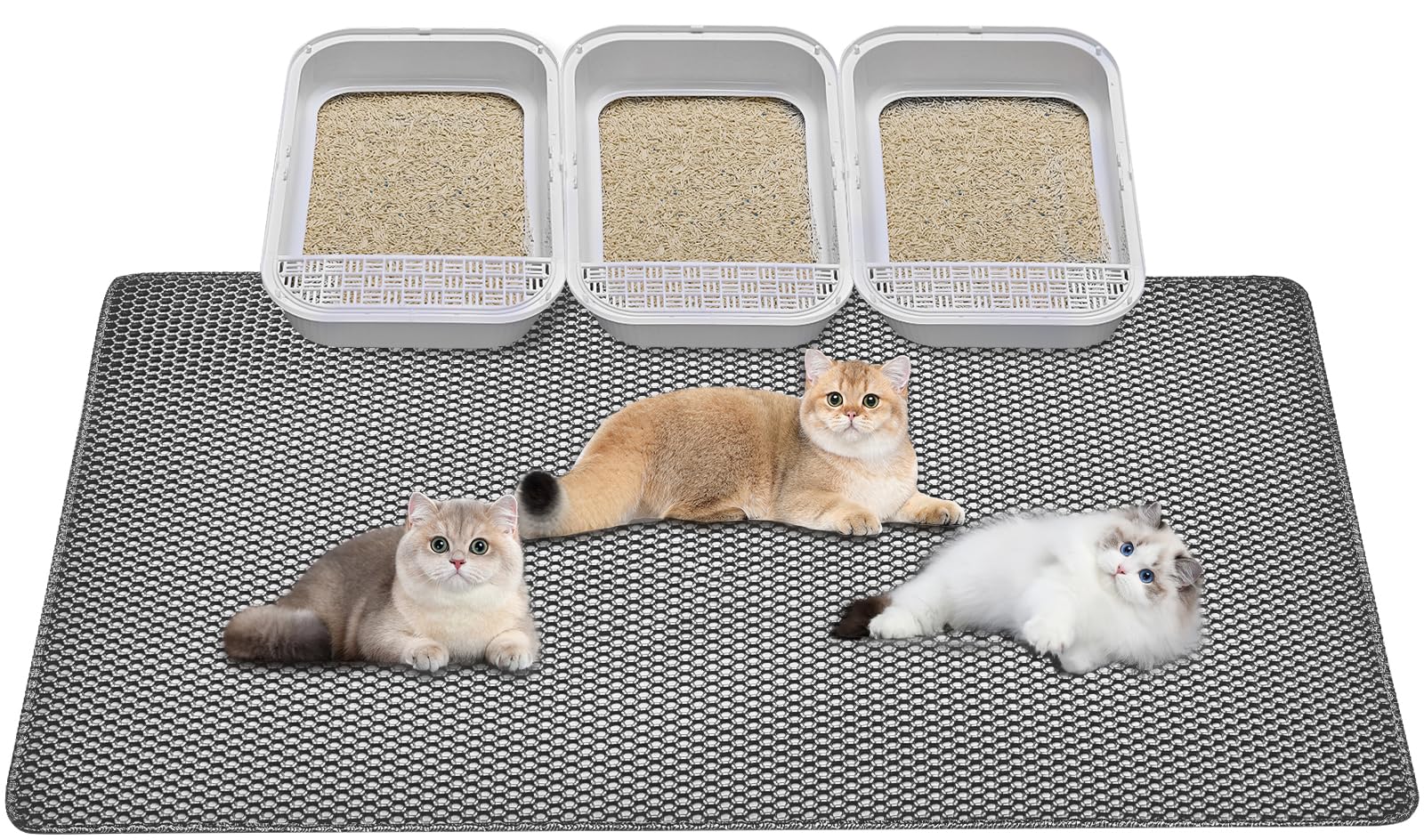 Large Cat Litter Mat Litter Trapping Mat.Honeycomb Double Layer Design,Urine and Water Proof Material,No Slip& No Phthalate,Washable Easy Clean(Grey) (Grey, 46"x 27" ，1Pack)