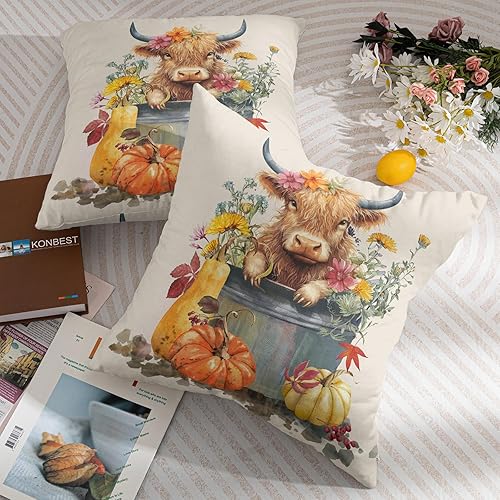 Miniatura 8 de Juego de 2 fundas de almohada de otoño de 18 x 18 pulgadas, diseño de calabazas de vaca de Halloween, hojas de arce, almohadas decorativas para