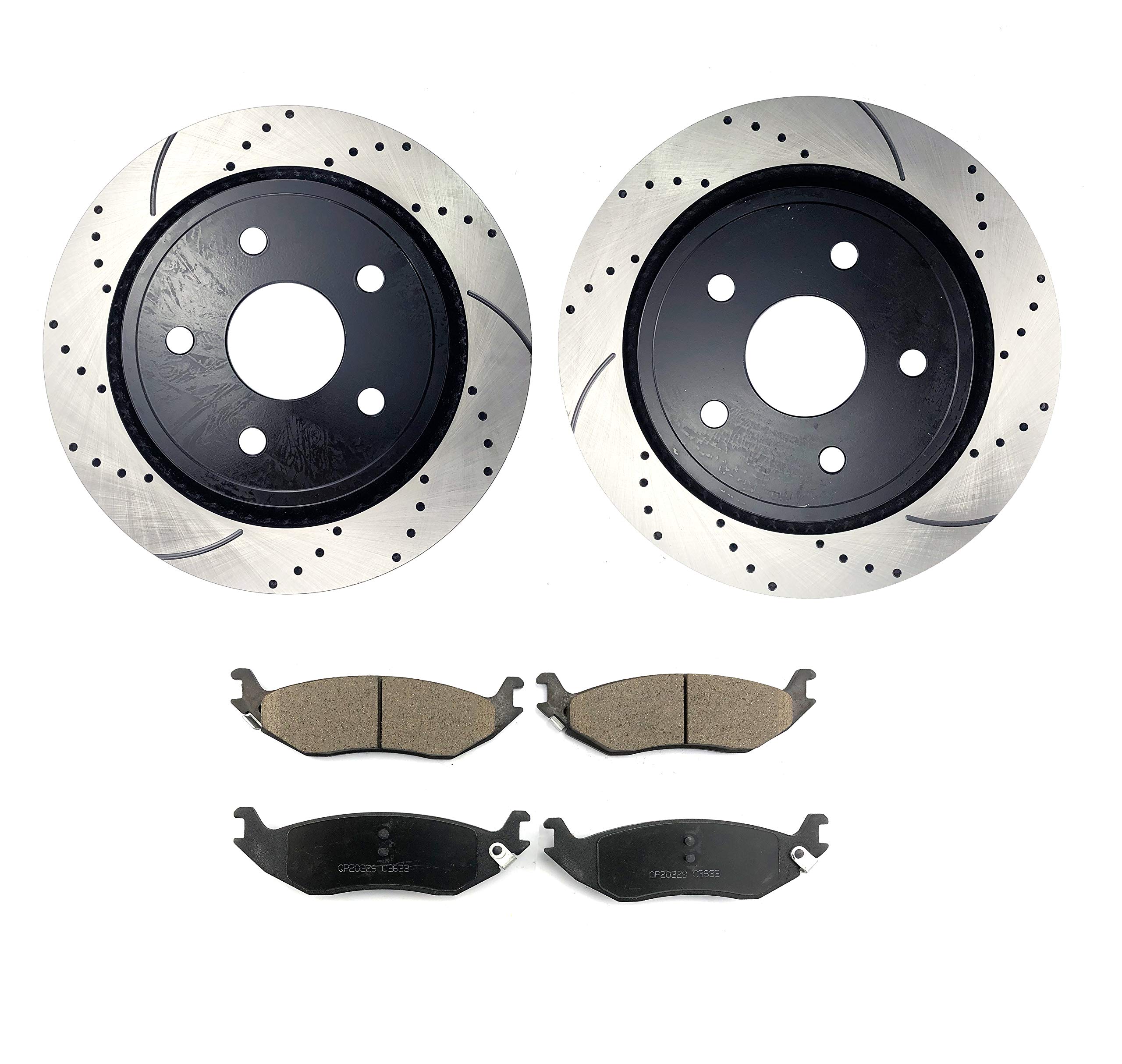 Atmansta QPD10059 Rear Slotted & Drilled Rotors and Ceramic Pads Brake Kit for 2007-2009 Chrysler Aspen 2004-2009 Dodge Durango 2002-2010 Dodge Ram 1500 2011-2018 Ram 1500