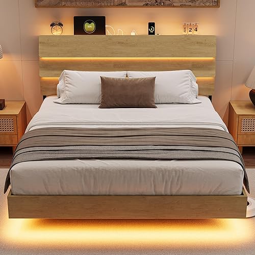 Miniatura 14 de Base de cama flotante tamaño Queen con cabecera LED y estación de carga, base de cama de plataforma de metal con almacenamiento, control remoto,