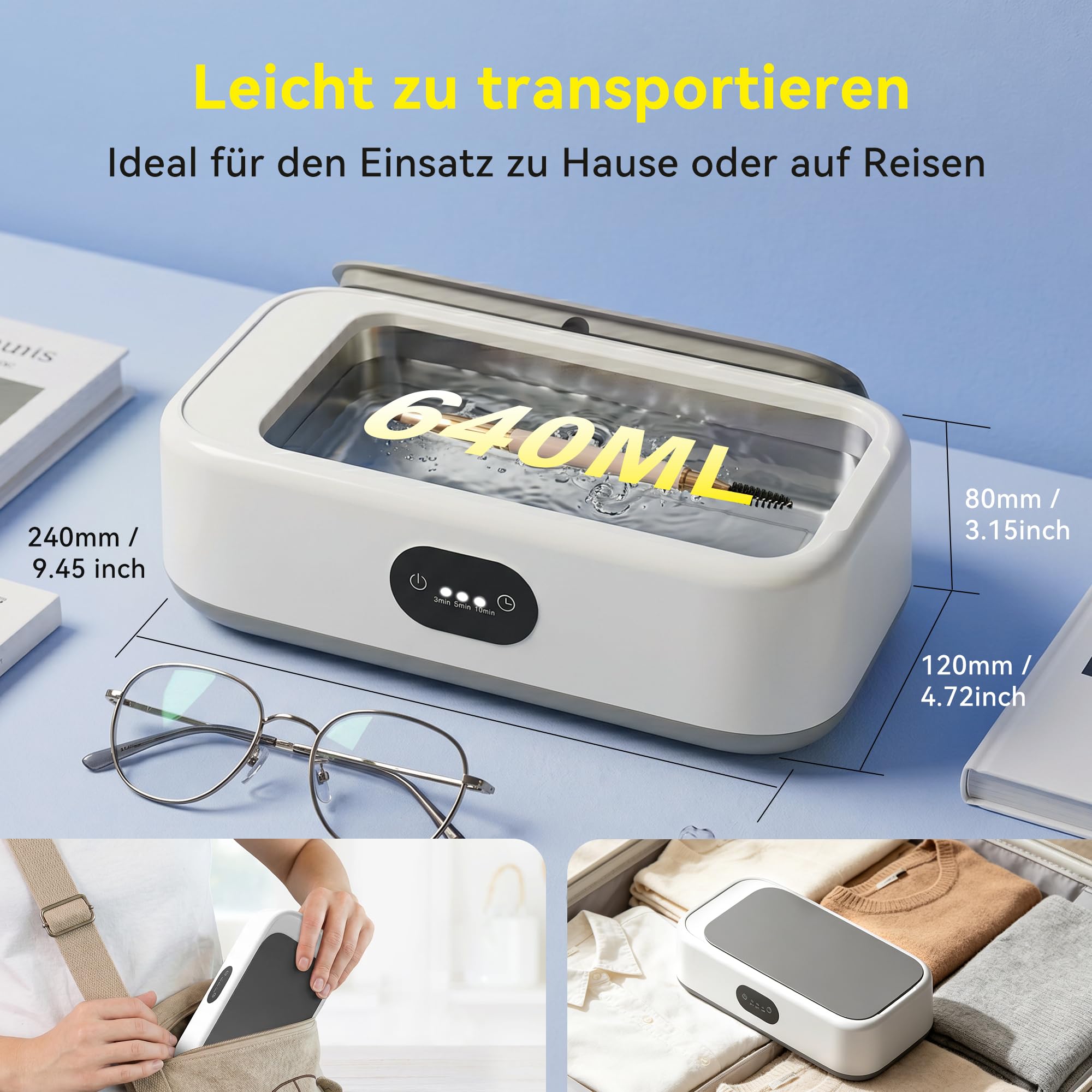 Ultraschallreinigungsgerät, Ultraschallreiniger 640ML für Brillen Schmuck | 49000Hz Ultrasonic Cleaner mit 3 Modi, Einfache Bedienung, Kompakt und Tragbar, Leiser Betrieb Sowie Effektive Reinigung