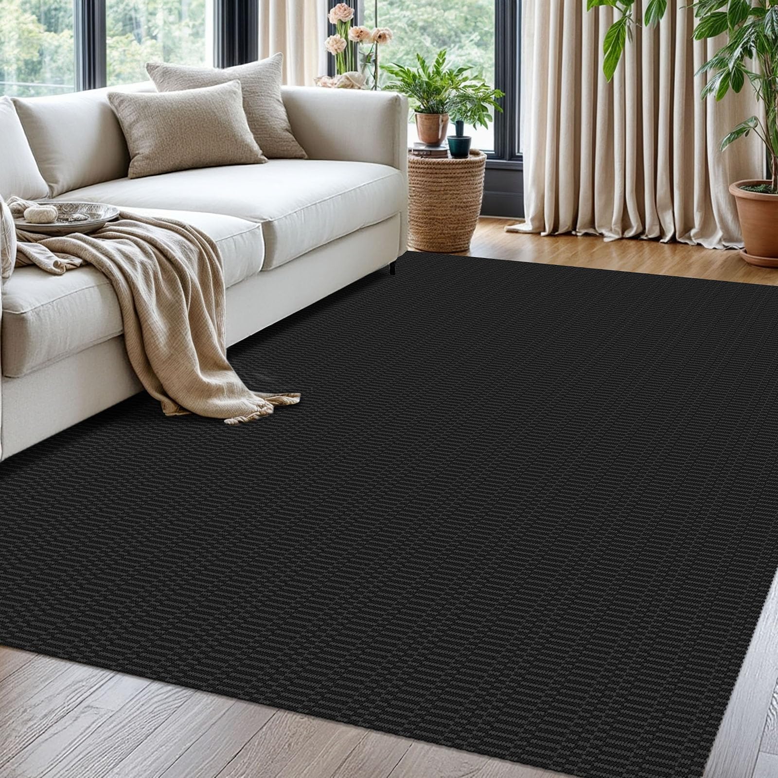 KOZYFLY Washable Area Rug for Living Room 5x7 Ft Bedroom Rug with Runner Backing Braided Cotton Dining Room Rug, Floor Carpet for Living Room Dining Room Bedroom, Black/Grey โ image 1