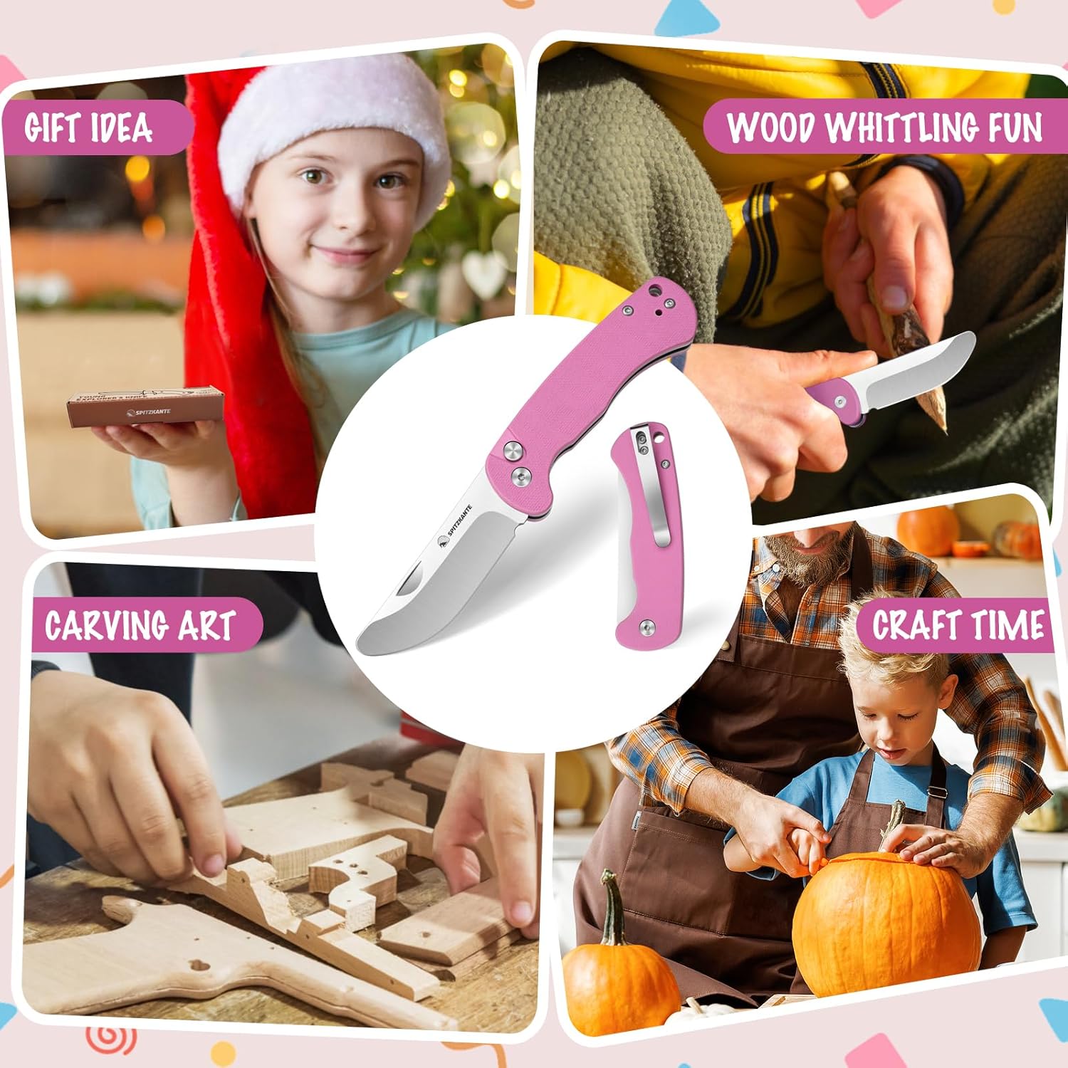 Pink Pocket Knife for Kids HEDGE-C01, Safe Blunt Blade with Rounded Tip, Pink G10 Handle, Trainer Knife for Girls & Beginners – Ideal Gift for Outdoor Learning & Skill Development
