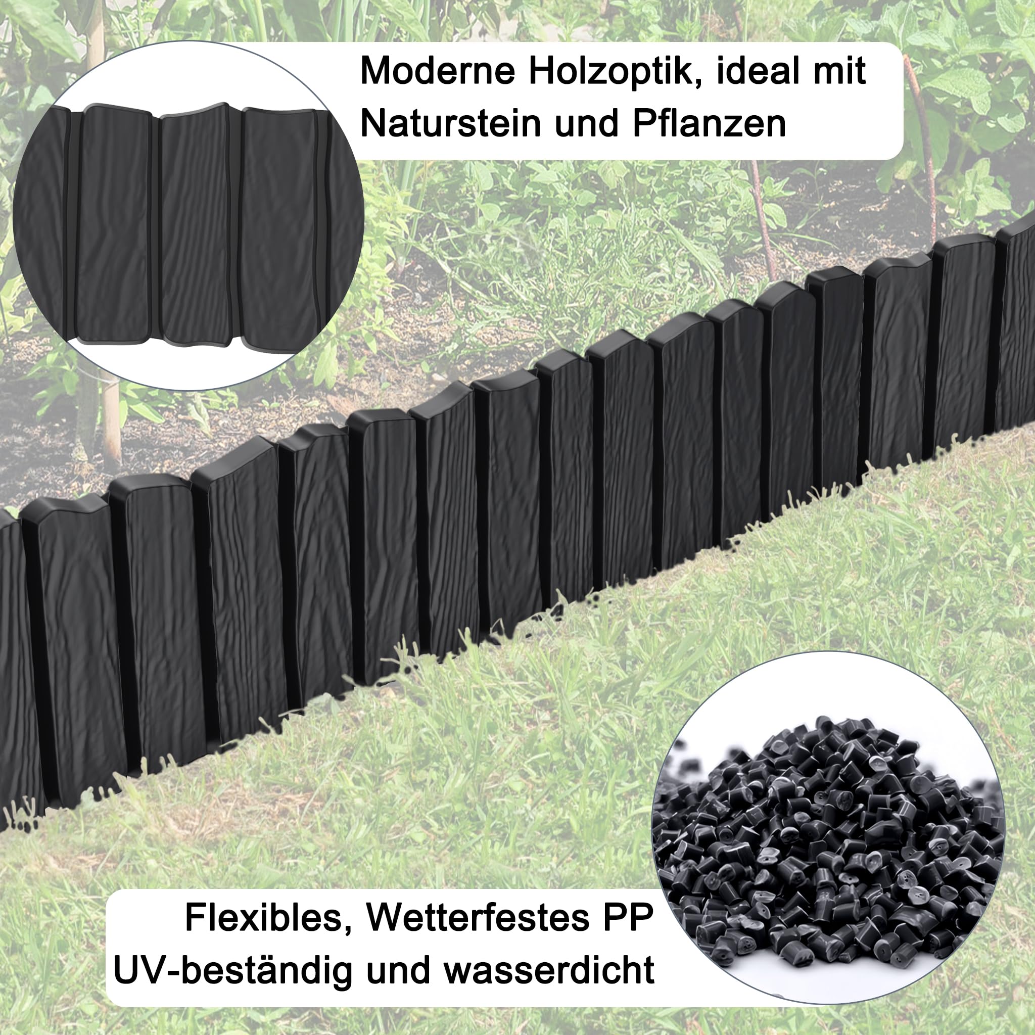 4.8m Rasenkante Kunststoff Beetumrandung mit Holzoptik & 10 cm Erdspießen - Mähkante für Garten, Beeteinfassung Anthrazit, Palisade im Holzdesign Anthrazit