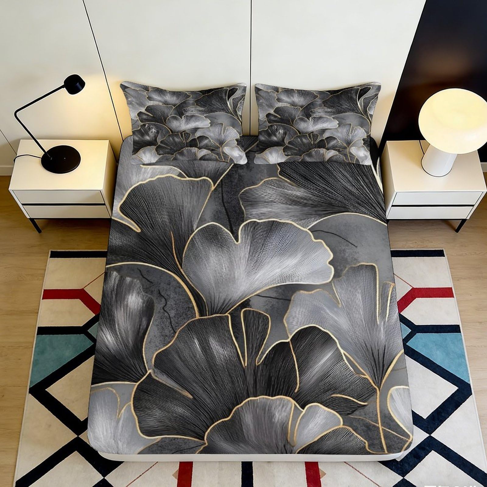 3D Printed Ginkgo Leaf Fitted Sheet Microfiber Deep Pocket Non-Slip Ginkgo Leaf Mattress Fitted Cover for Bedroom 90x200x25cm