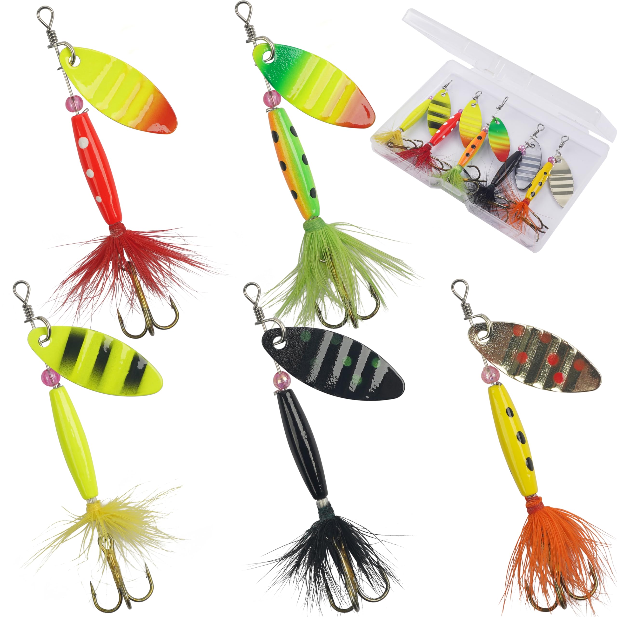 Spinner Baits Bass Lures Rooster Bait Tail Fishing Lures Trout Spinners Hard Metal Spinnerbaits for Bass Trout Pike Walleye Salmon with Tackle Box