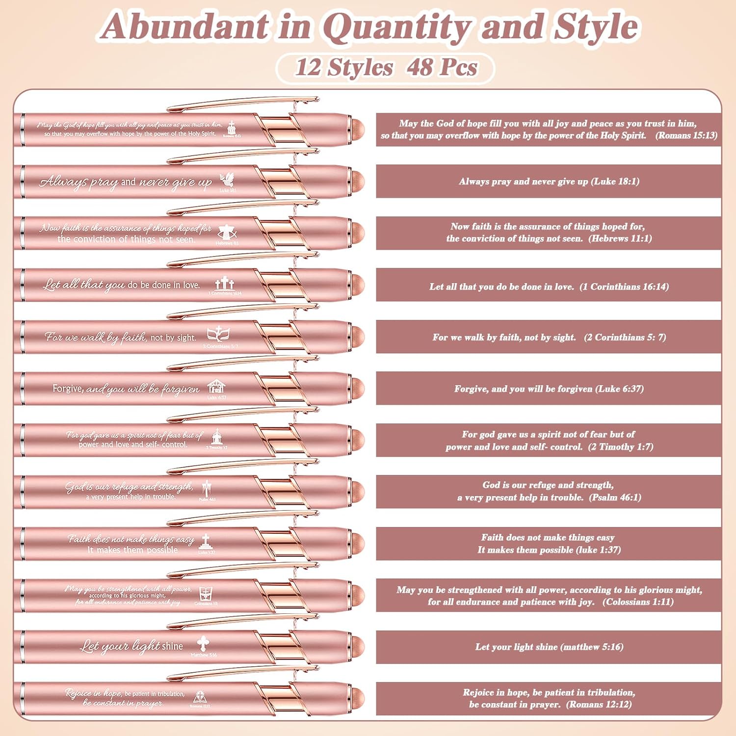 Chuangdi 48 Pcs Bible Verse Ballpoint Pens Christian Pens Bulk Inspirational Quotes Pens Bible Scripture Black Ink Pens Motivational Pen for Women Men Office Writing Gifts (Rose Gold, Bible Verse)