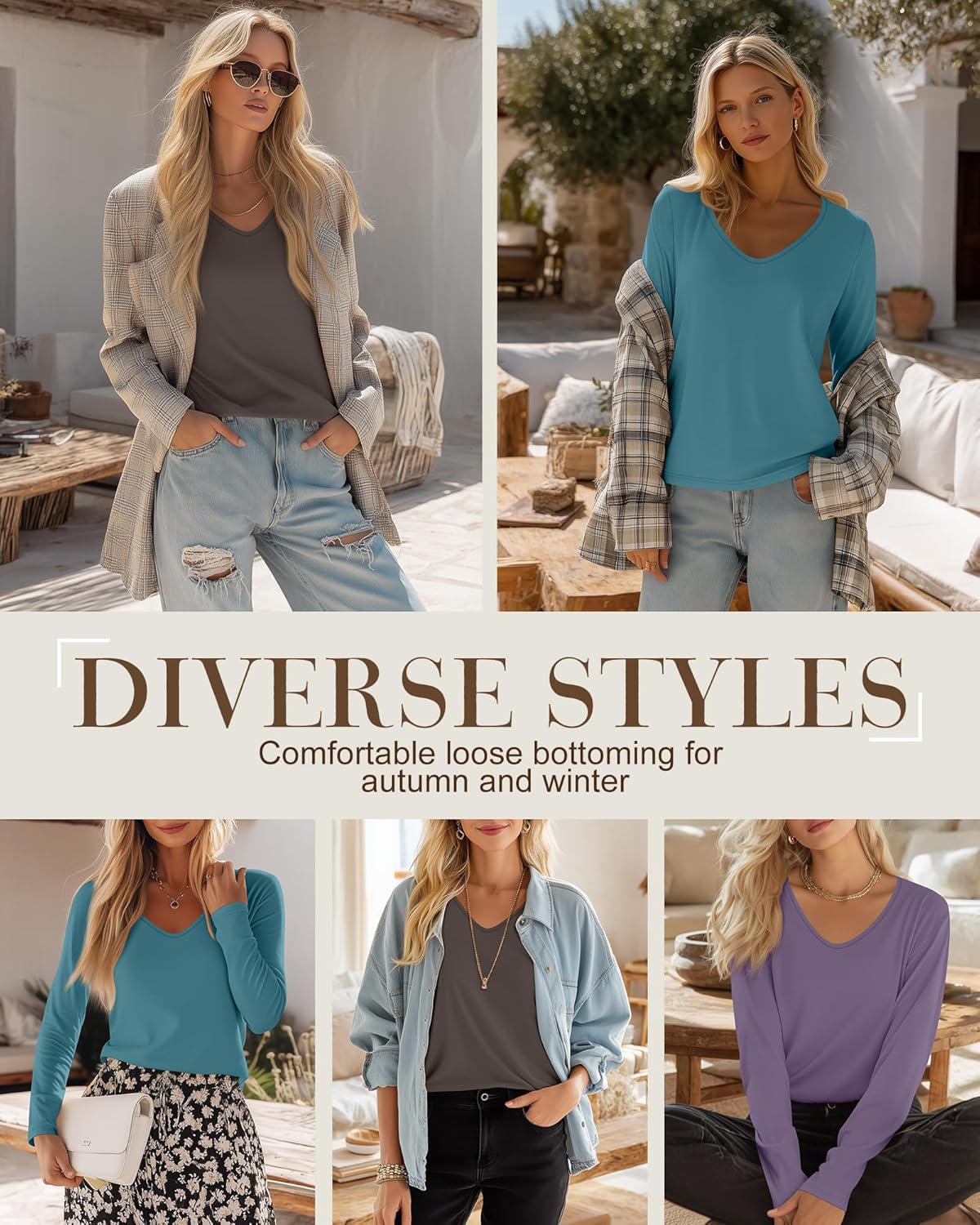 Ficerd 3 Pack Women's Long Sleeve T Shirts, V Neck Basic Tops Fall Casual Trendy Tees Loose Fit Soft Clothes Outfits - Image 3