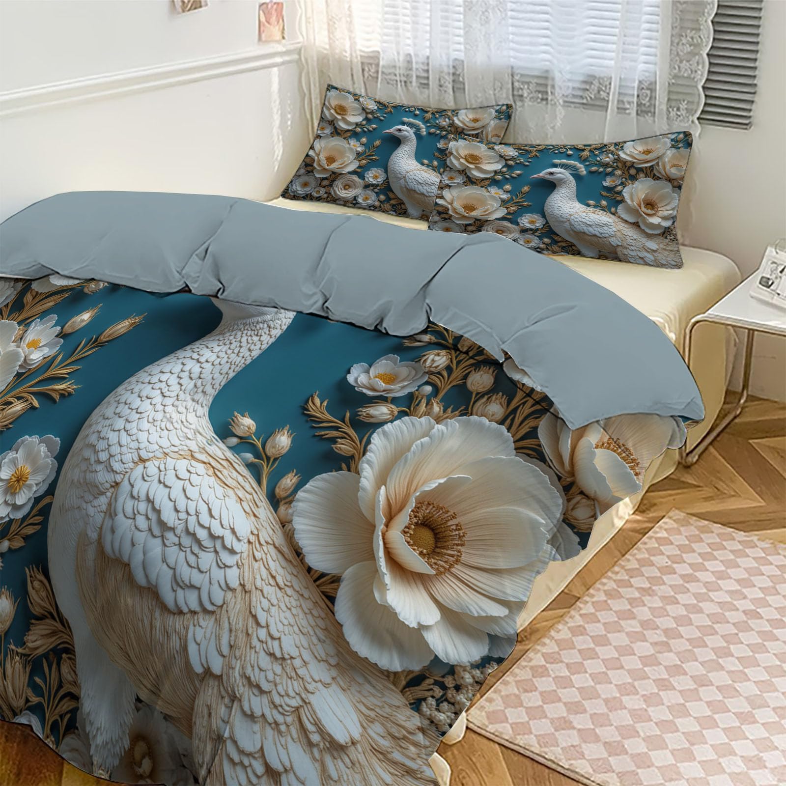 Copripiumino Matrimoniale Lusso Sollievo Floreale, Set di Biancheria da Letto Microfibra 3 Pezzi, Parure Copri Piumino 220x240cm e 2 Federa 50x75, Bianco Copritrapunta con Cerniera