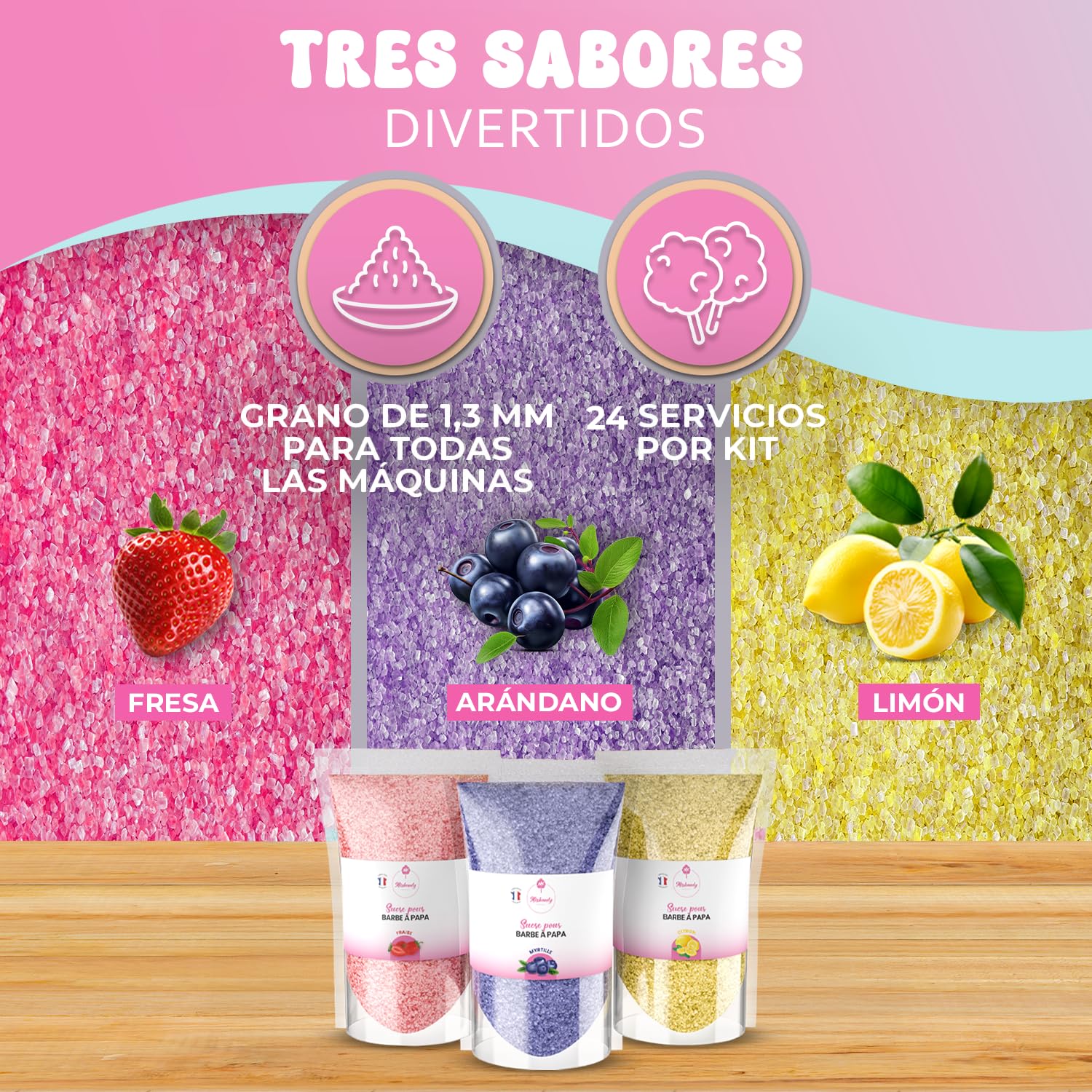 Misskandy Algodón de Azúcar para Máquina Pack 3x160g Sabores Naturales Fresa Arándano Limón