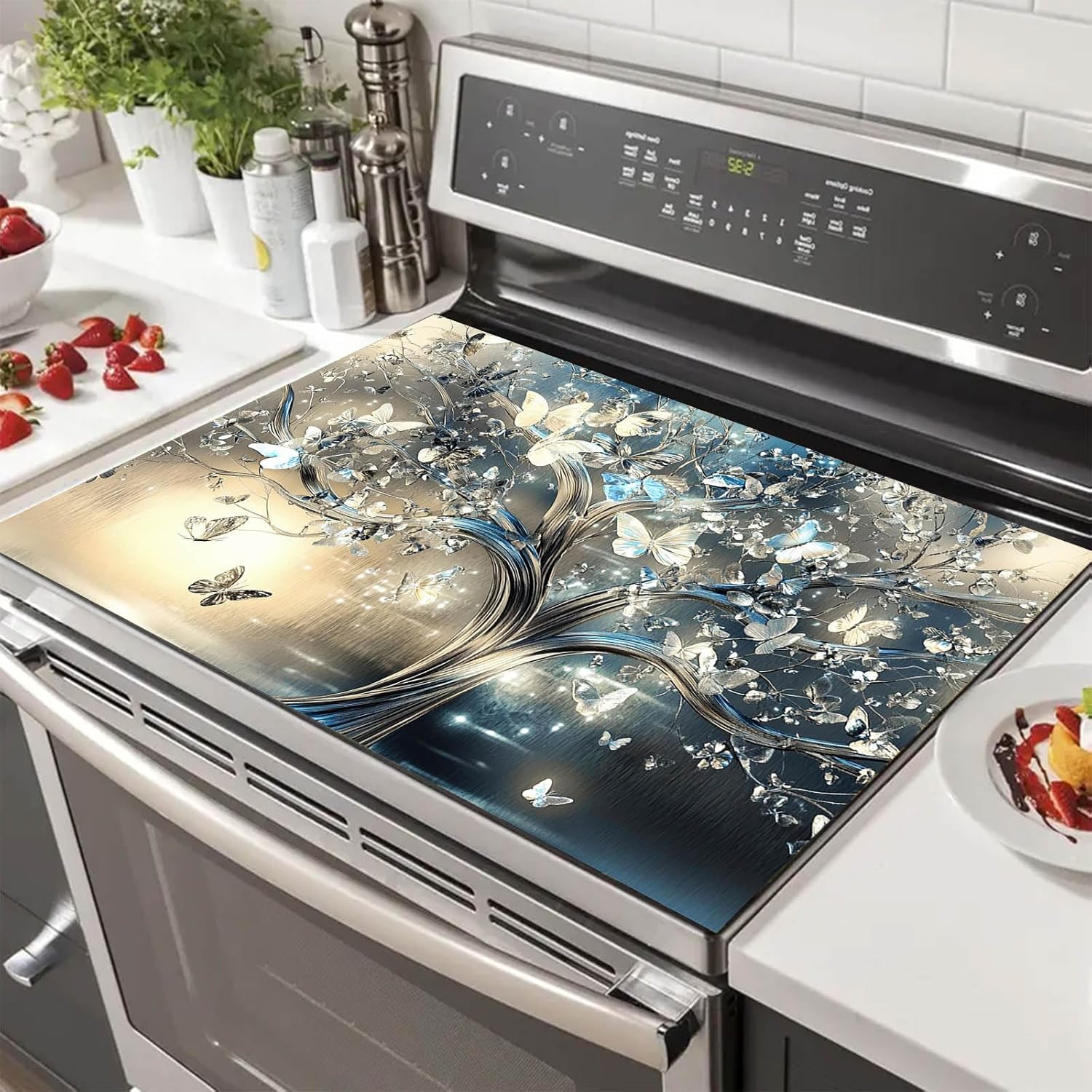 HOMETITUTE Silver Butterfly Tree Stove Top Cover for Electric Stove Decorative 28x20 Inch Diatomite Kitchen Decor Glass Cooktop Protector Countertop Mat Stovetop Covers for Kitchen Coffe Bar