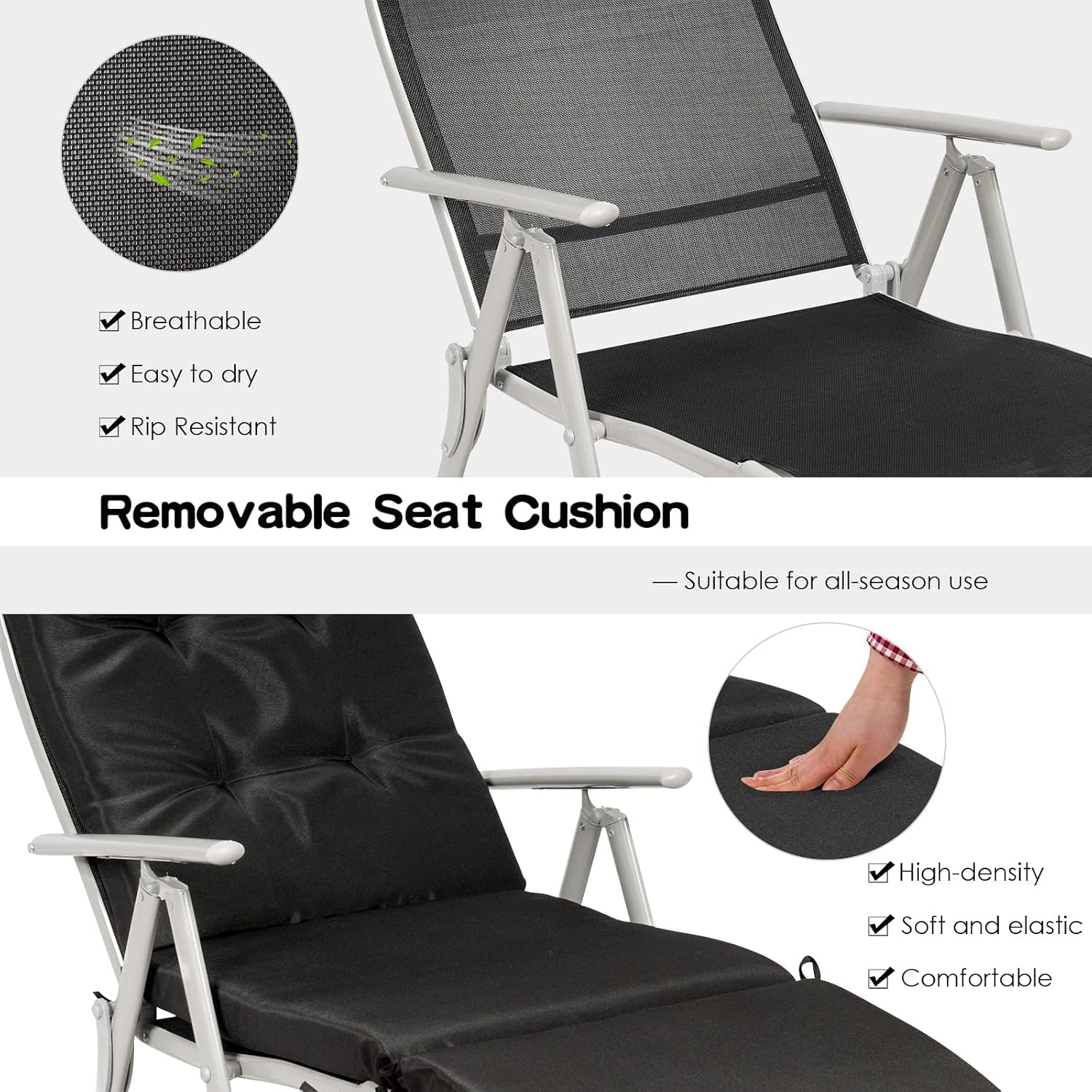 DORTALA Outdoor Folding Chaise Lounge Chair, Lightweight Recliner Chair with 7 Adjustable Backrest Positions, Pillow for Patio, Yard, Poolside, Set of 2, Black