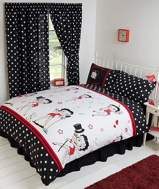King Size Bed Betty Boop Super Star, Duvet/Quilt Cover Bedding Set Fully Reversible, Singing and Dancing Music Notes Hearts Wink Lips Kiss Pudgy Dog Lines Polka Dot, Black White Red