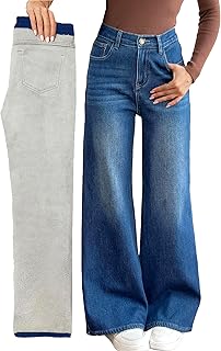 Women's Fleece Lined Jeans Wide Leg Baggy Winter Thermal Flannel Y2K Boyfriend Jean Denim Pants