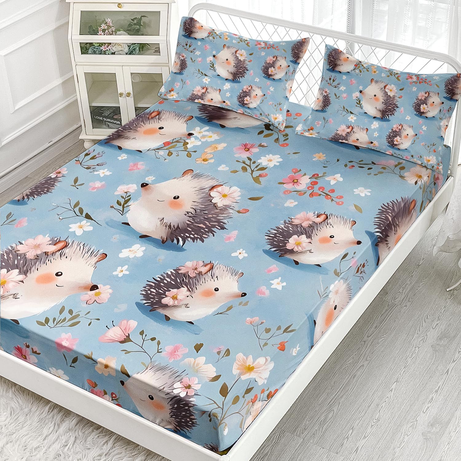 AILONEN Kids Cute Hedgehog Floral Fitted Sheet Set Queen,Lovely Animal Watercolor Hedgehog Bedding Set,Soft Blue Fitted Sheet with 2 Pilowcases,3 Pieces