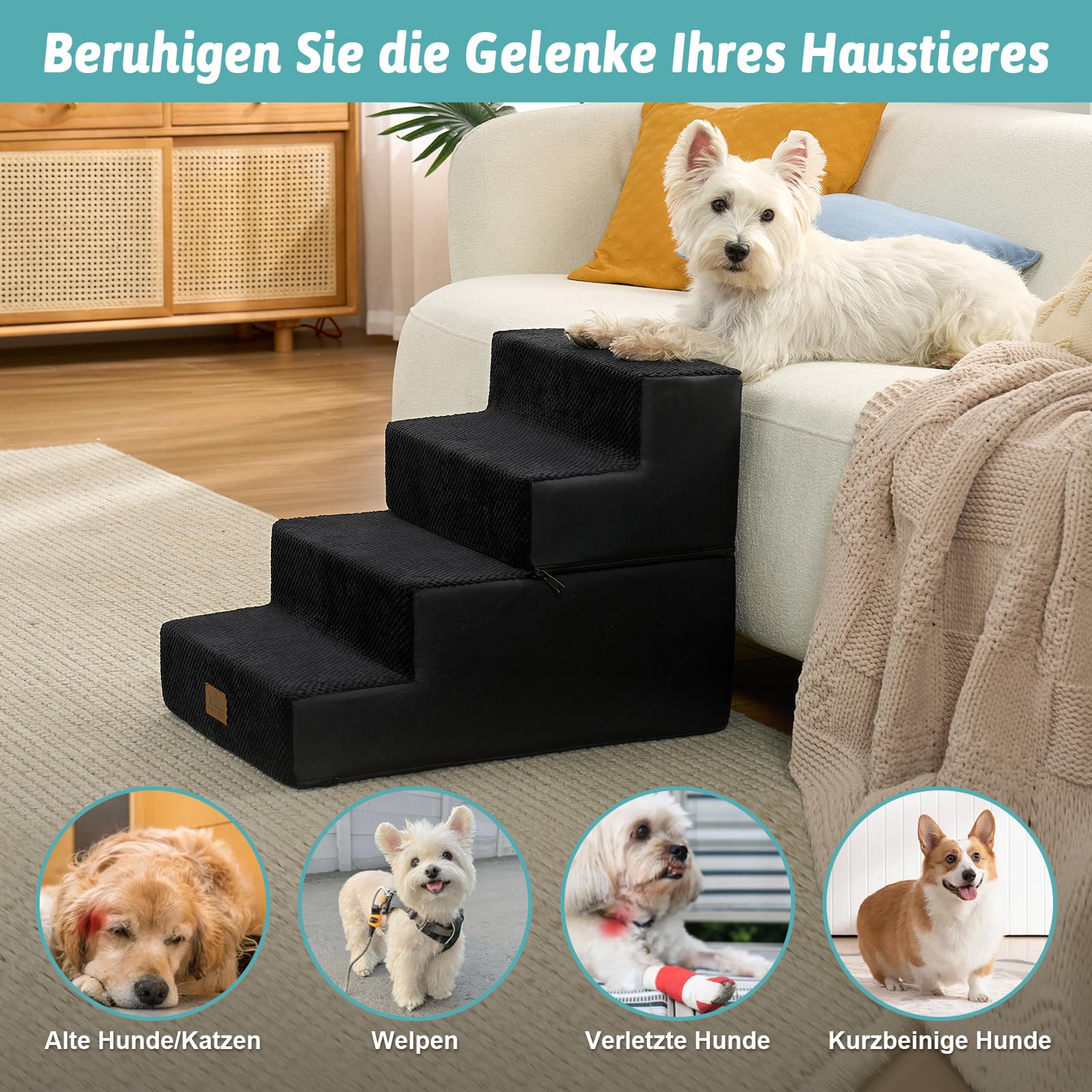 Hundetreppe 4 Stufen 45cm Hoch, 2-in-1 Hundetreppen für Kleine Hunde Alte Katzen, Faltbare Haustiertreppe Katzentreppe Sofa mit Waschbarem Bezug, 40x60x45cm (Schwarz)