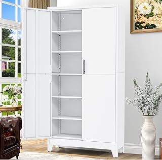 GAIOUS 79" Tall Metal Storage Cabinet with Lock,2 Door Steel Bookcase White | with Adjustable Shelves, Heavy Duty Lockable Office Filing Cabinet, Home Garage Utility Pantry Organizer Cabinet Freestanding