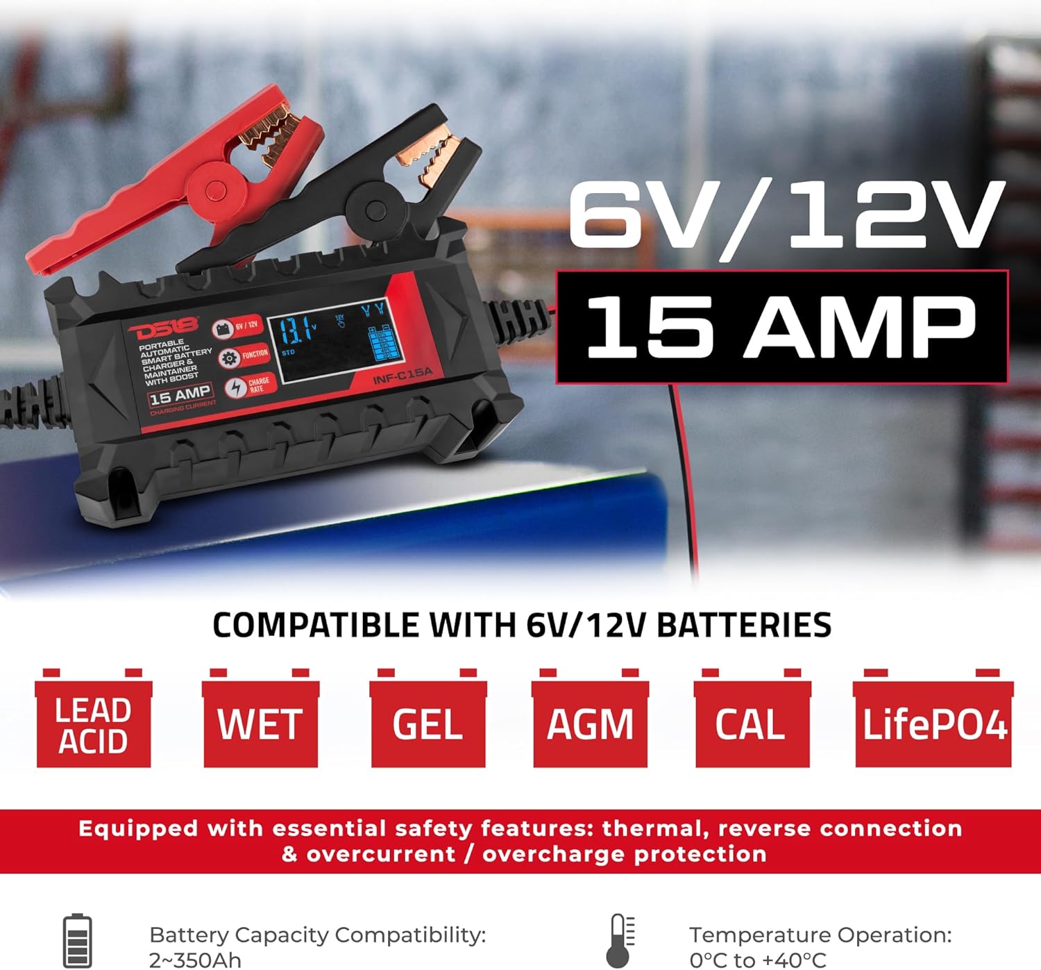 DS18 INF-C15A 6V/12V Portable Automatic Smart Lithium and AGM Car Battery Charger & Maintainer with Boost 15A - Trickle Charger, Float Charger for Motorcycle, ATV, Lithium and Deep Cycle Batteries