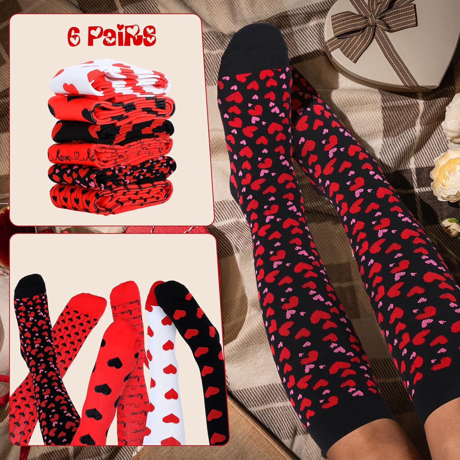 Ramede 6 Pairs Valentine's Day Compression Socks 20-30mmhg Heart Knee High Socks for Women Valentine's Day Work Support Travel Gifts - Image 6
