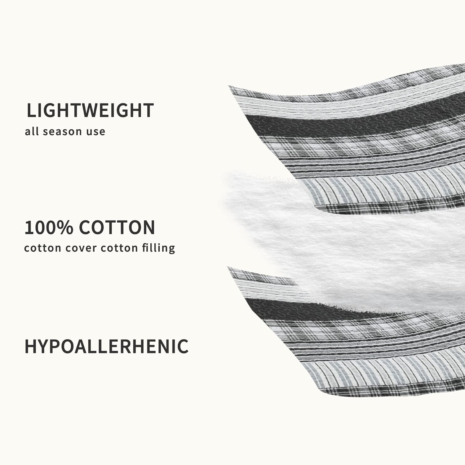 Homzard Quilts Queen Size - Black and White Queen Comforter Set, 100% Cotton Black Grey Striped Bedding Set, Lightweight Reversible Bedspread Set, 3 Piece All Season - Image 5