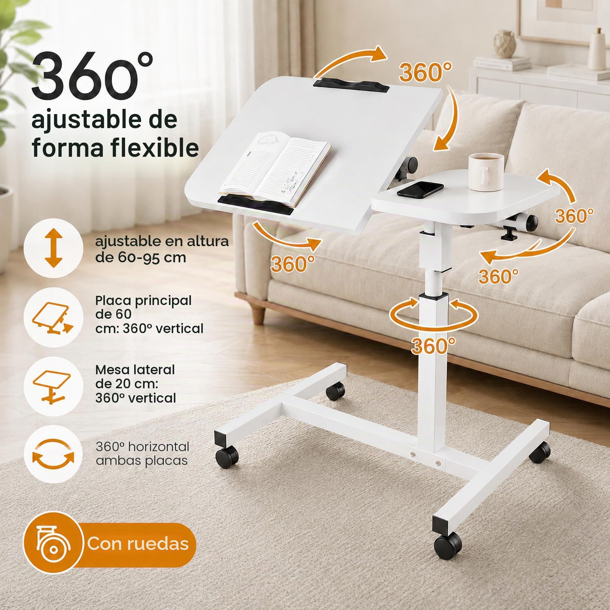 Mesa Auxiliar Plegable con Ruedas, 60 X 40 cm, Blanca | Altura 60–95 cm, Giro 360° y Frenos, Para Cama, Sofá, Madera y Marco Metálico