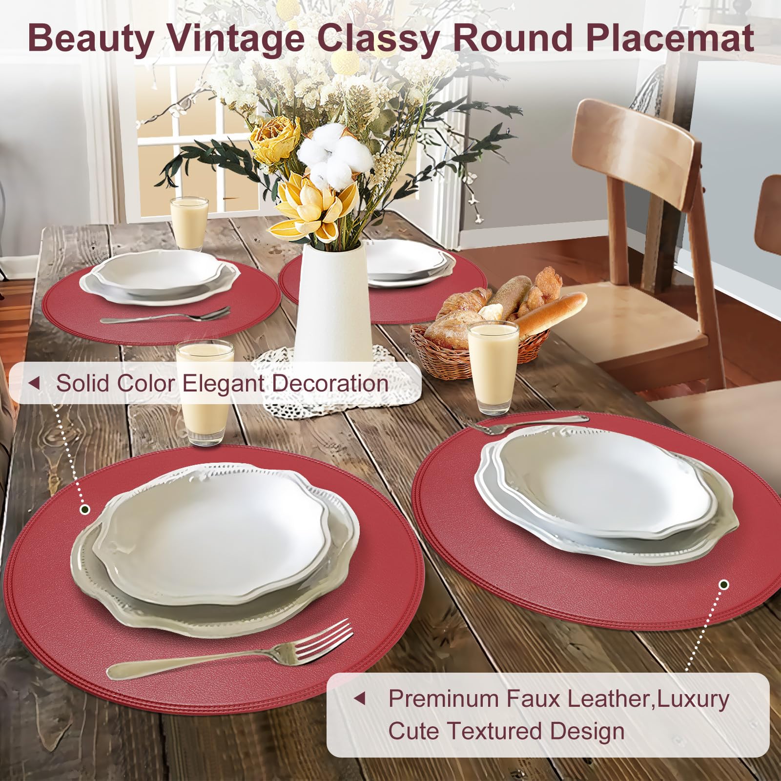 Rinpon Round Vinyl Placemats Set of 6, Faux Leather Waterproof Wipeable Heat Resistant Place Mats, Washable Oil-Proof - Image 2