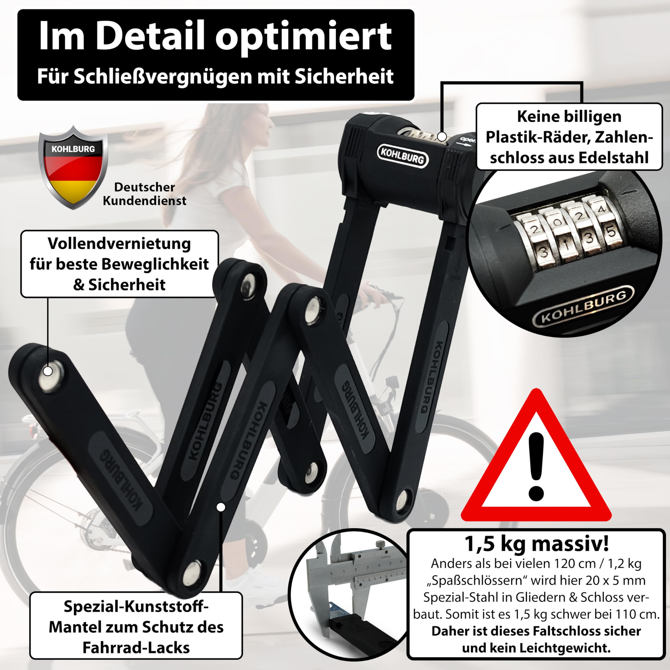 KOHLBURG 110cm Fahrrad Faltschloss Zahlen [Bolzenschneider-sicher] mit Zahlencode & Halterung – Fahrrad Zahlenschloss – Fahrradschloss Zahlenschloss hohe Sicherheit – Bike Lock & e Bike Schloss