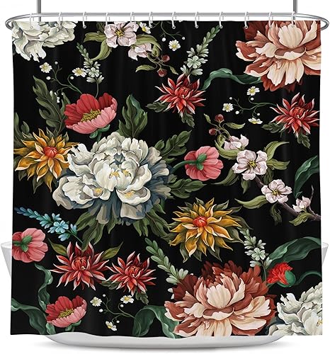 Coxila Cortina de ducha floral vintage bohemia negra con flores oscuras, acuarela bohemia, primavera, colorido, lindo arte, decorativo, flores,