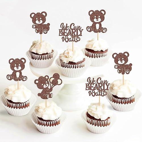 Miniatura 5 de 24 piezas con texto en inglés We Can Bearly Wait Cupcake Toppers Sparkling Balloon Bear Cupcake Toppers Little Bear Theme Baby Shower Suministros