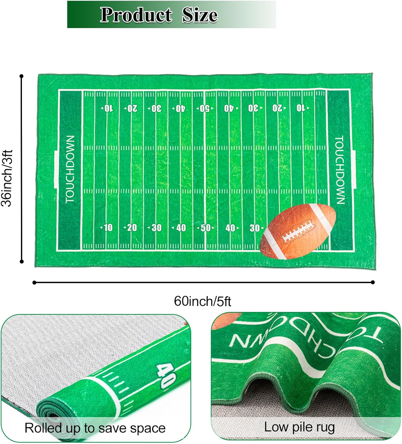 Football Rug 3'x5' Football Field Rug Non Slip Sports Carpet for Bedroom Playroom Green Game Room Decor Mat