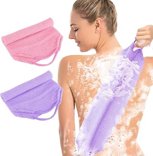 Lusofie 2Pcs African Back Exfoliating Net Cloth with Pull Strap, Stretchable Exfoliating Washcloth for Shower Body Back Scrubber for Skin Cleans Massages(Pink, Purple)