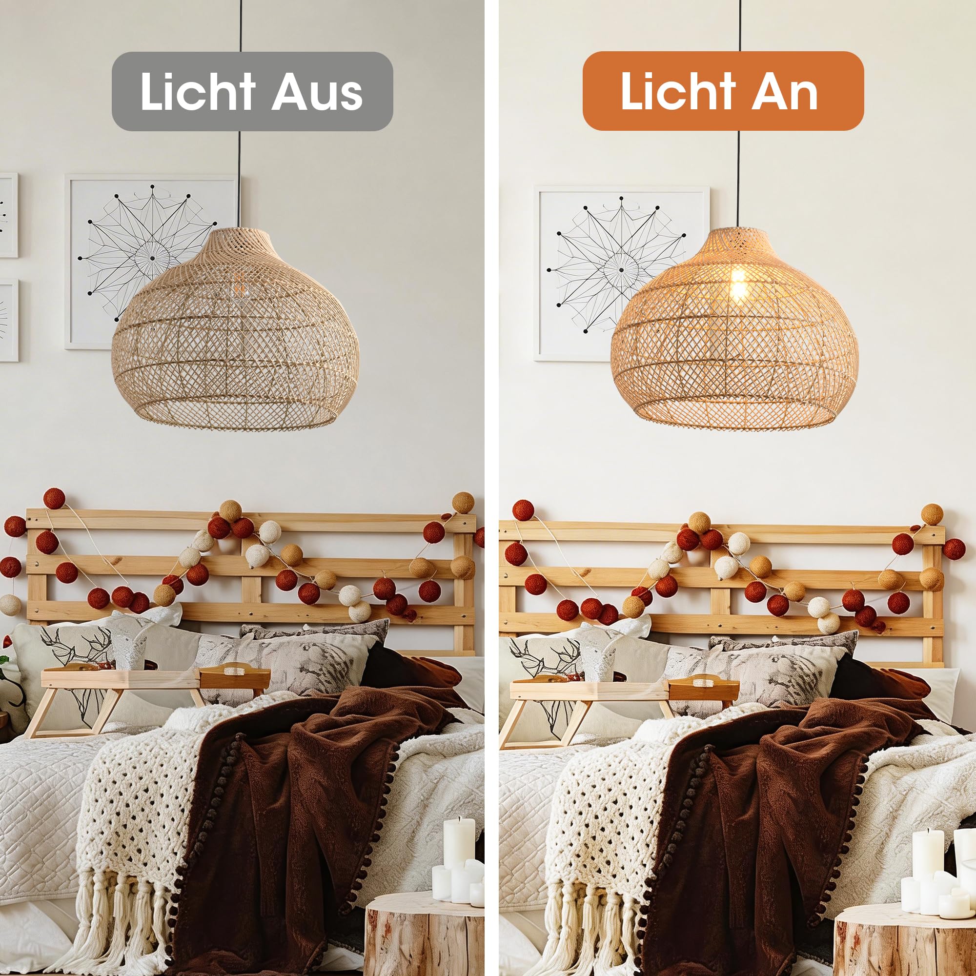 Parrot Uncle Große Rattan-Pendelleuchte, natürlicher Rattanschirm, Eisengestell, höhenverstellbar, E27-Fassung, 60 cm, für Wohnzimmer Esszimmer (Ohne Leuchtmittel) [Energieklasse A]