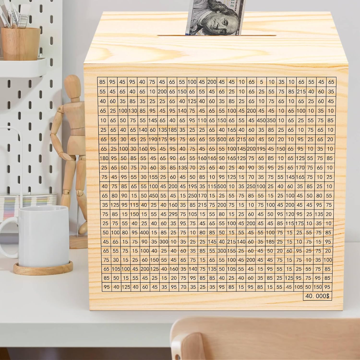 Wooden Savings Challenge Box for Adults Kids, Wood Coin Piggy Bank, Must Break to Open Cash Savings Box for $40000 Target (Natural, 12inches)