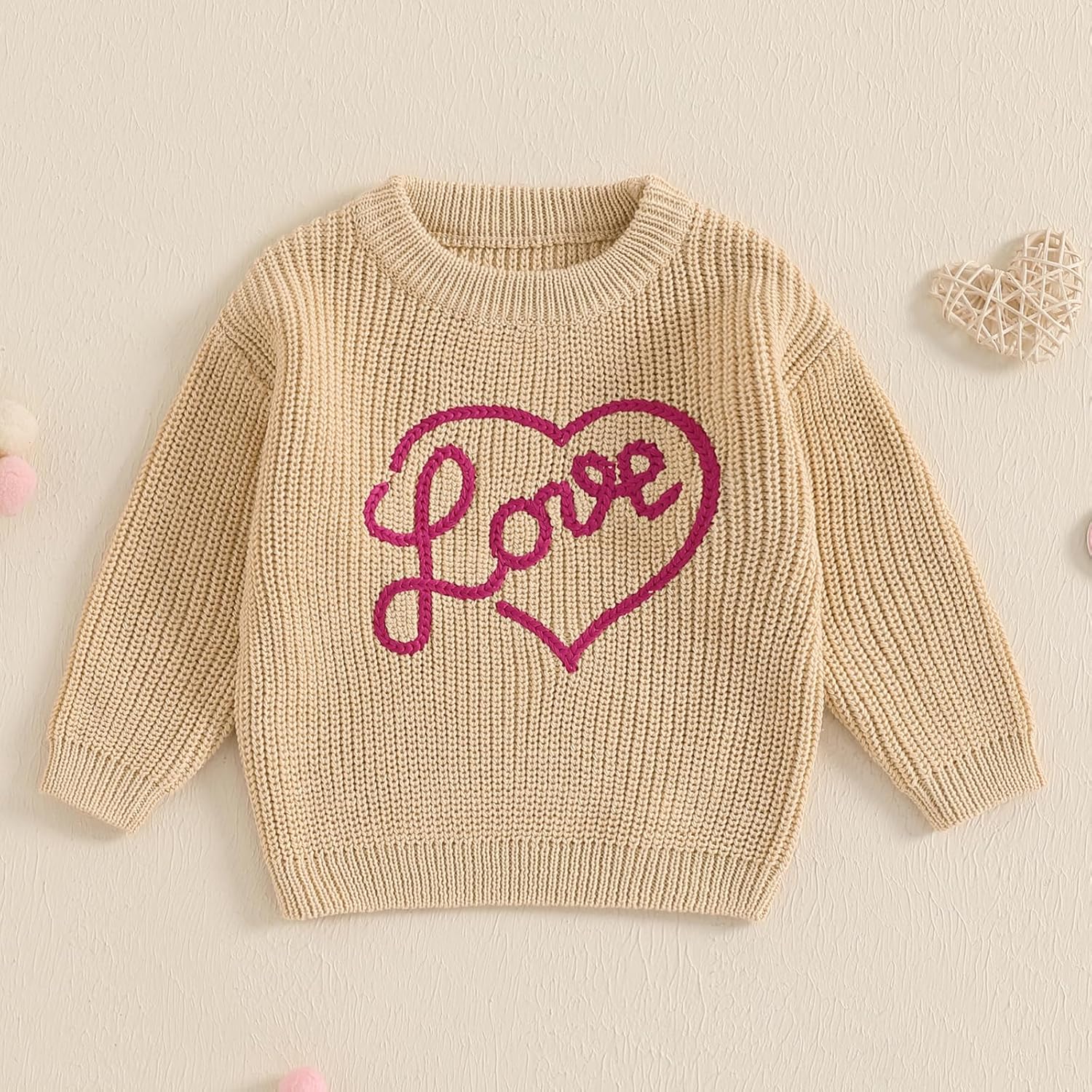 Baby Girl Cute Long Sleeve Heart Flowers Embroidery Oversized Sweater Toddler Valentine Outfit - Image 2