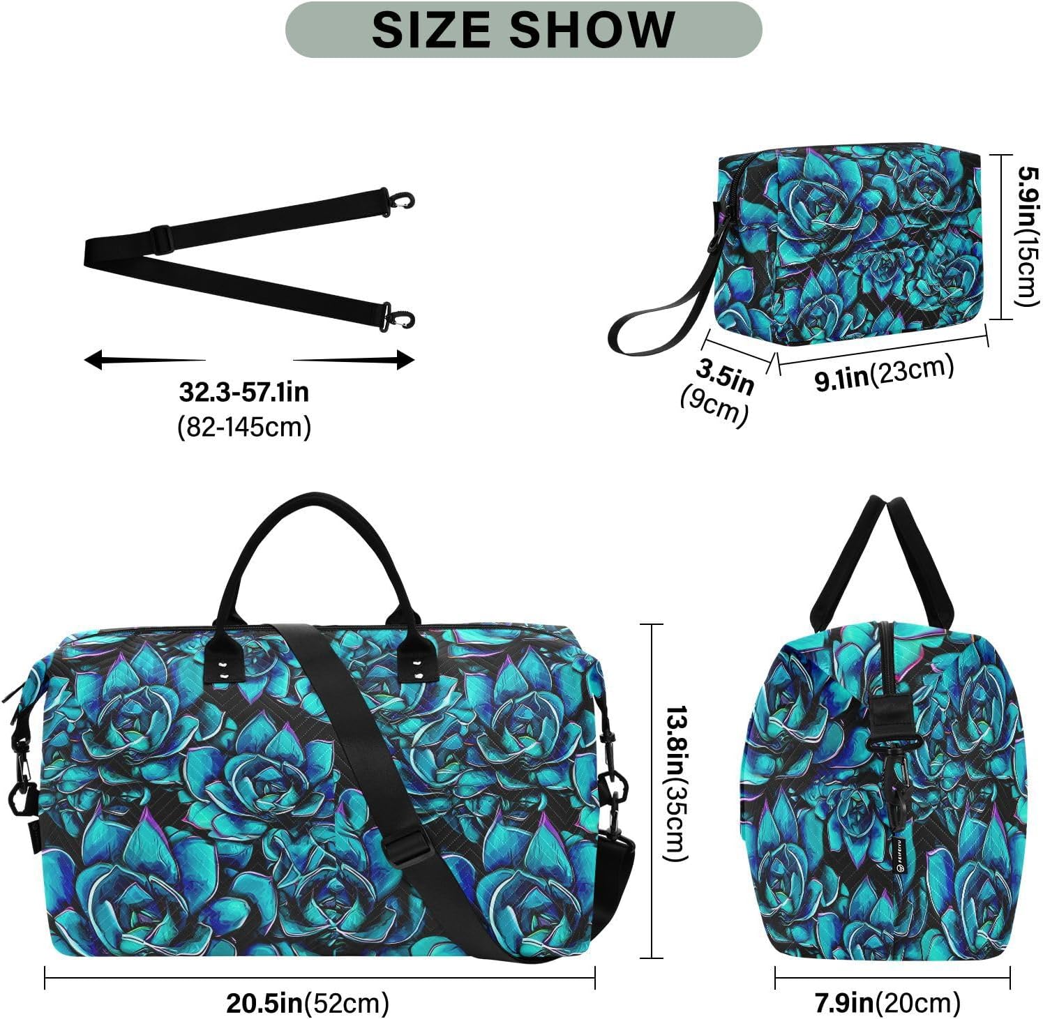 Succulents Plant Dark Teal Sports Gym Bag for Women Men Travel Duffel Bag Weekend Overnight Carry on Bag with Toiletry Bag Training Handbag for Hospital Plane Swimming Yoga Workout