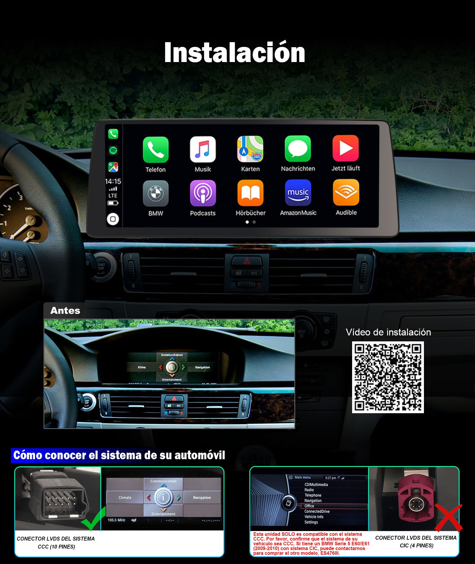 Erisin 12,3" Qualcomm 8GB+128GB Android 14 Radio Coche Bluetooth para BMW Serie 5 E60 E61 (2005-2008) Sistema CCC Estéreo GPS Navegador CarPlay Android Auto Dab+ WiFi 4G DSP Pantalla IPS USB Canbus