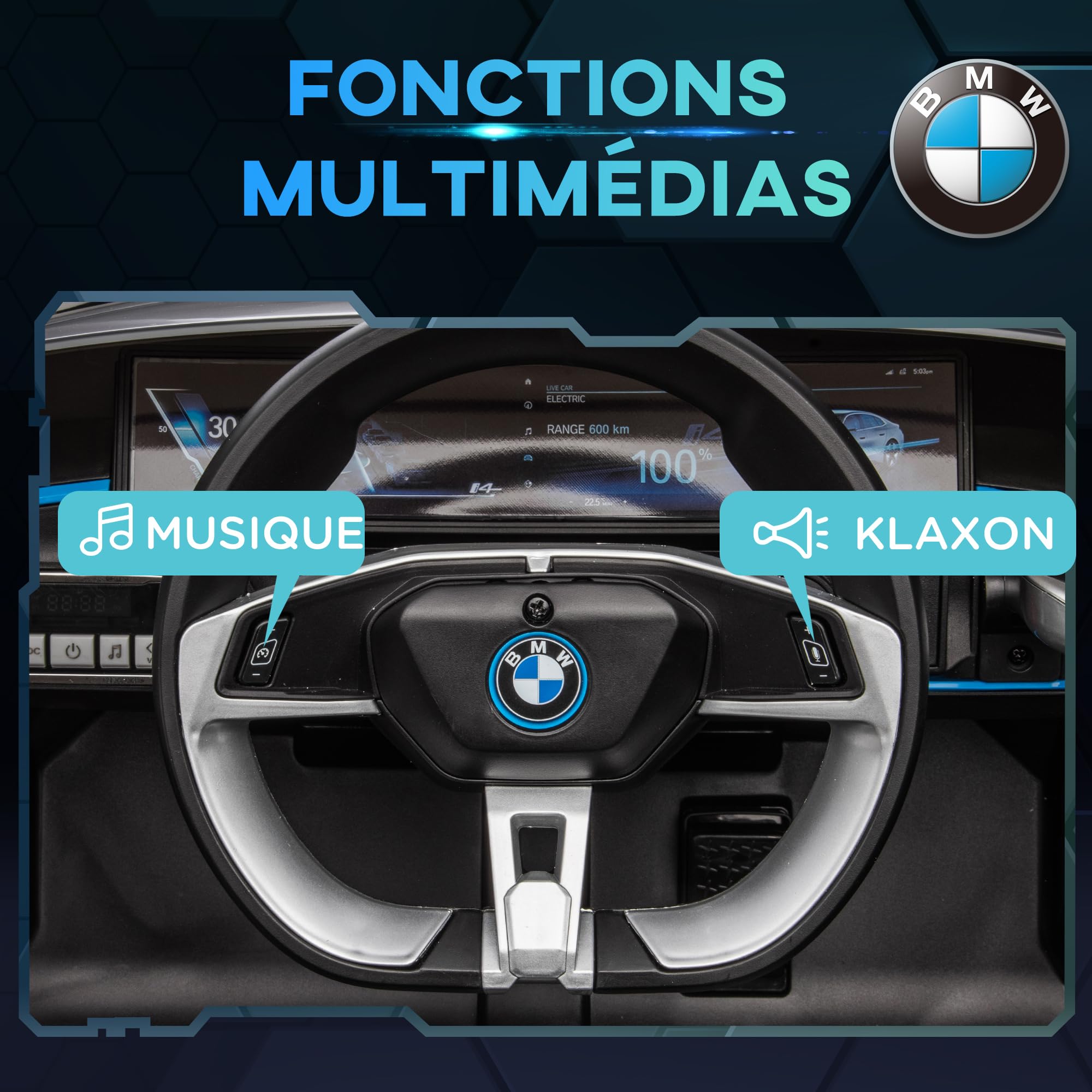 HOMCOM Voiture Électrique Enfants Licence BMW I4 12V 3-5 km/h Noir | Voiture à Batterie, Véhicule Électrique, Télécommande, MP3 Musique, Affichage, Lumières, Ceinture de Sécurité