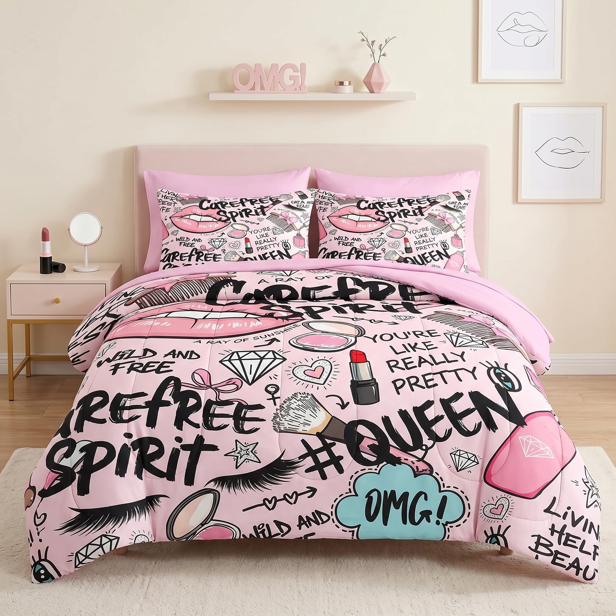 Pamnest Full Comforter Set with Sheets, 7 Pieces Makeup Pink Bedding