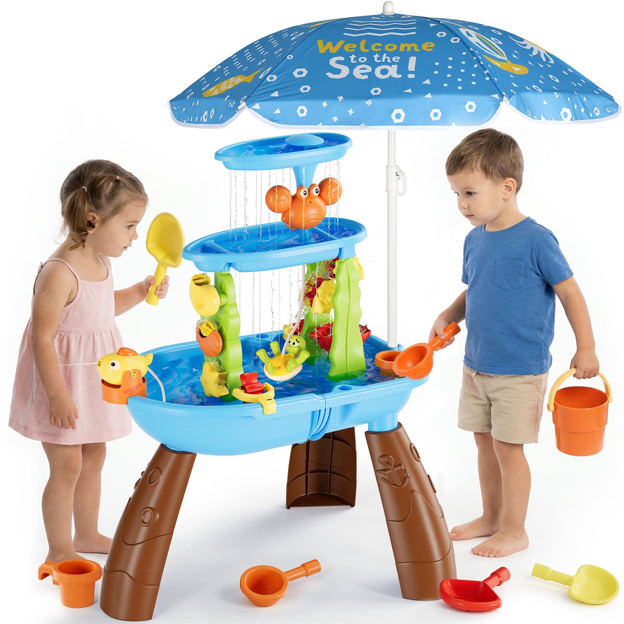 Photo 1 of [MAJOR DAMAGE] [PARTIAL SET] [FOR PARTS] Eterfun Kids Sand Water Table for Toddlers with Umbrella/Water Pumb, 3-Tier Outdoor Water Sand Play Table Beach Toys, Summer Splash Activity Sensory Table Party Birthday Gift for Kids 3 4 5 6 7 8