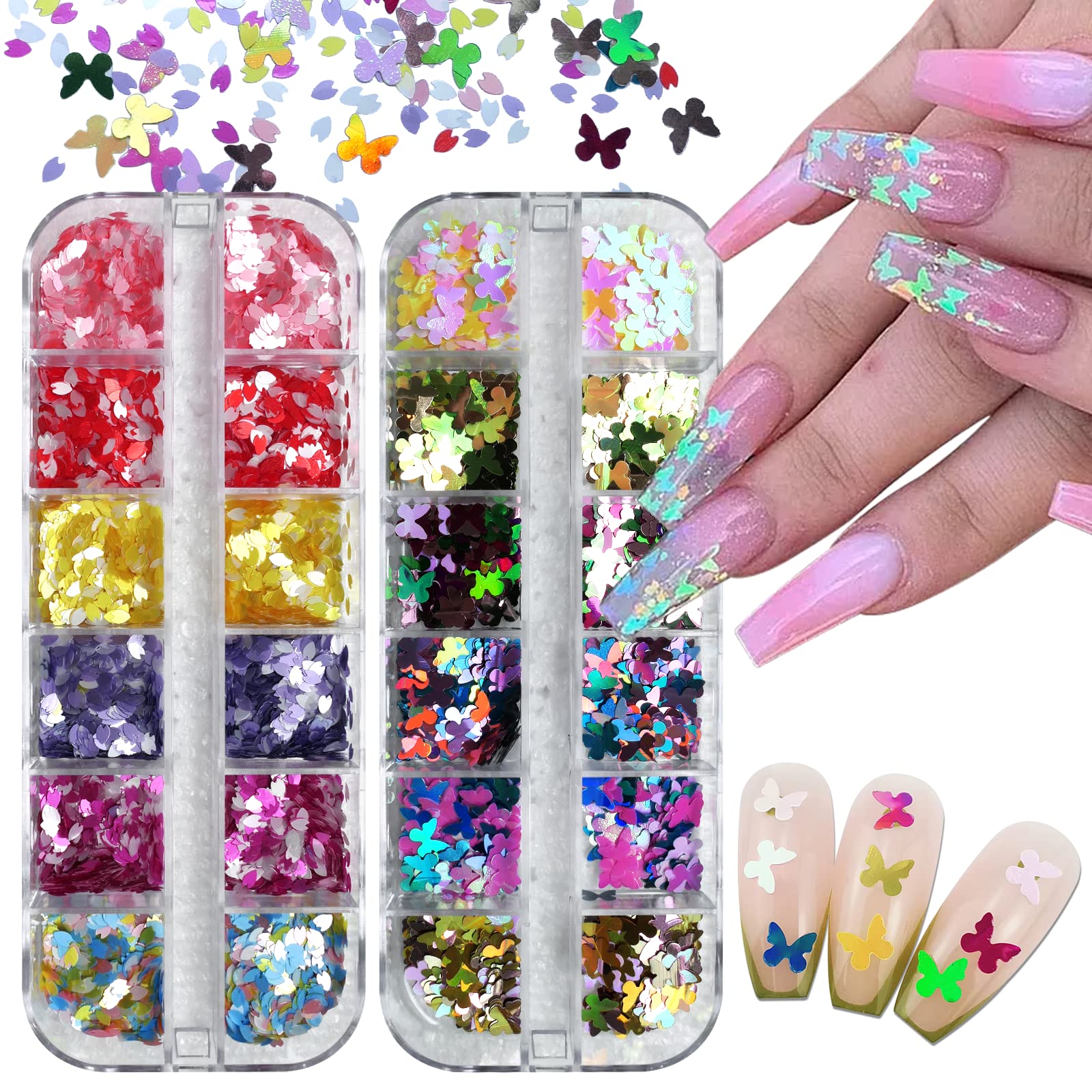 LuckForever 2 Box Chunky Glitter Flakes Iridescent Flower Butterfly Shaped Glitter Sequins Confetti Sparkles Sticker Accessories for Acrylic Nails Crafts Resin Epoxy