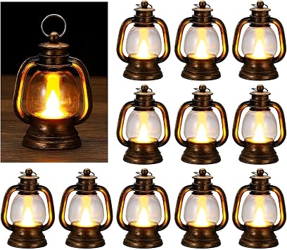 PATIKIL 12 Pack Christmas Mini Lantern with LED Candle, 4" Vintage Candle Lanterns Hanging Decorative for Tables Centerpiece Halloween Christmas Party, Retro Gold